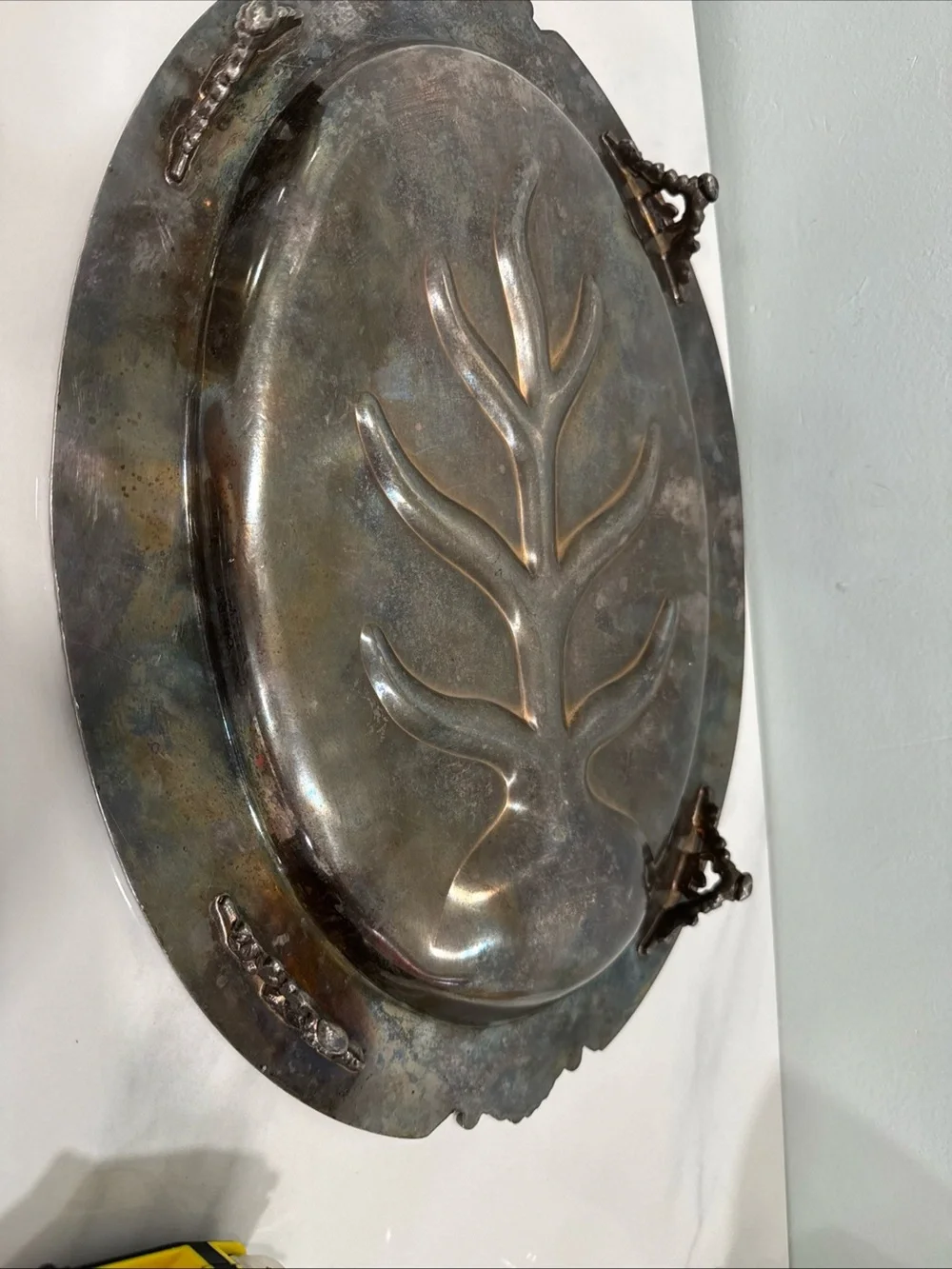 Silver-copper  Decorative Oval Serving Tray with Leaf Motif,  vintage